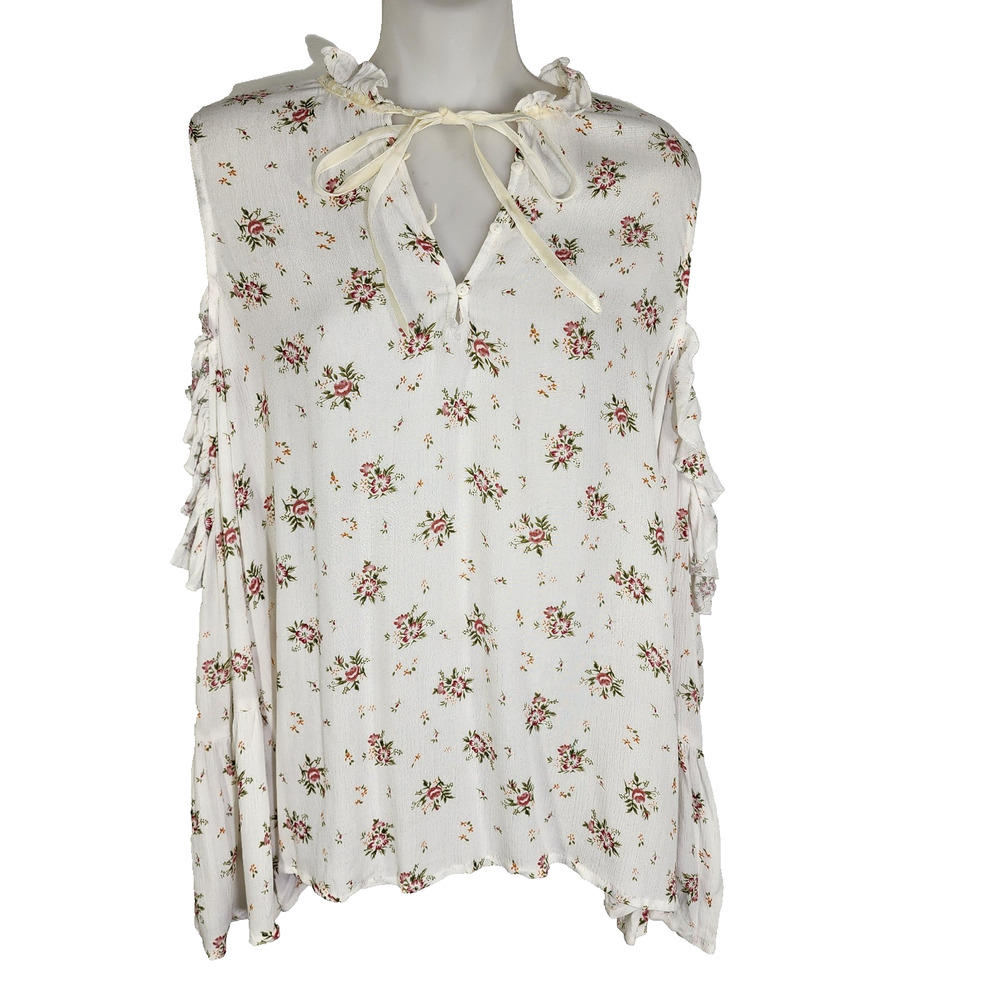 Jeans by Buffalo Women Top Large Floral Ditsy Cold Shoulder Tie Neck Ruffle Bell